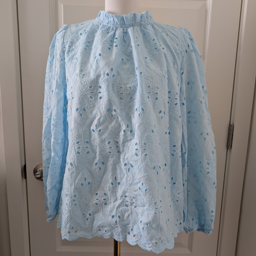 PRETTYGARDEN Eyelet Blouse Sky Blue High Neck Keyhole Back Long Sleeve Size L